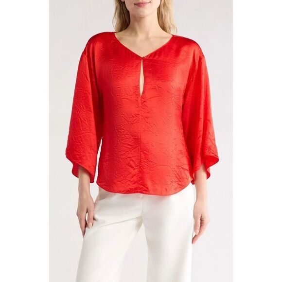 NWT's Equipment Femme Womens Blouse Top Silk Blend Red Bell Sleeve Size Small - Picture 1 of 6